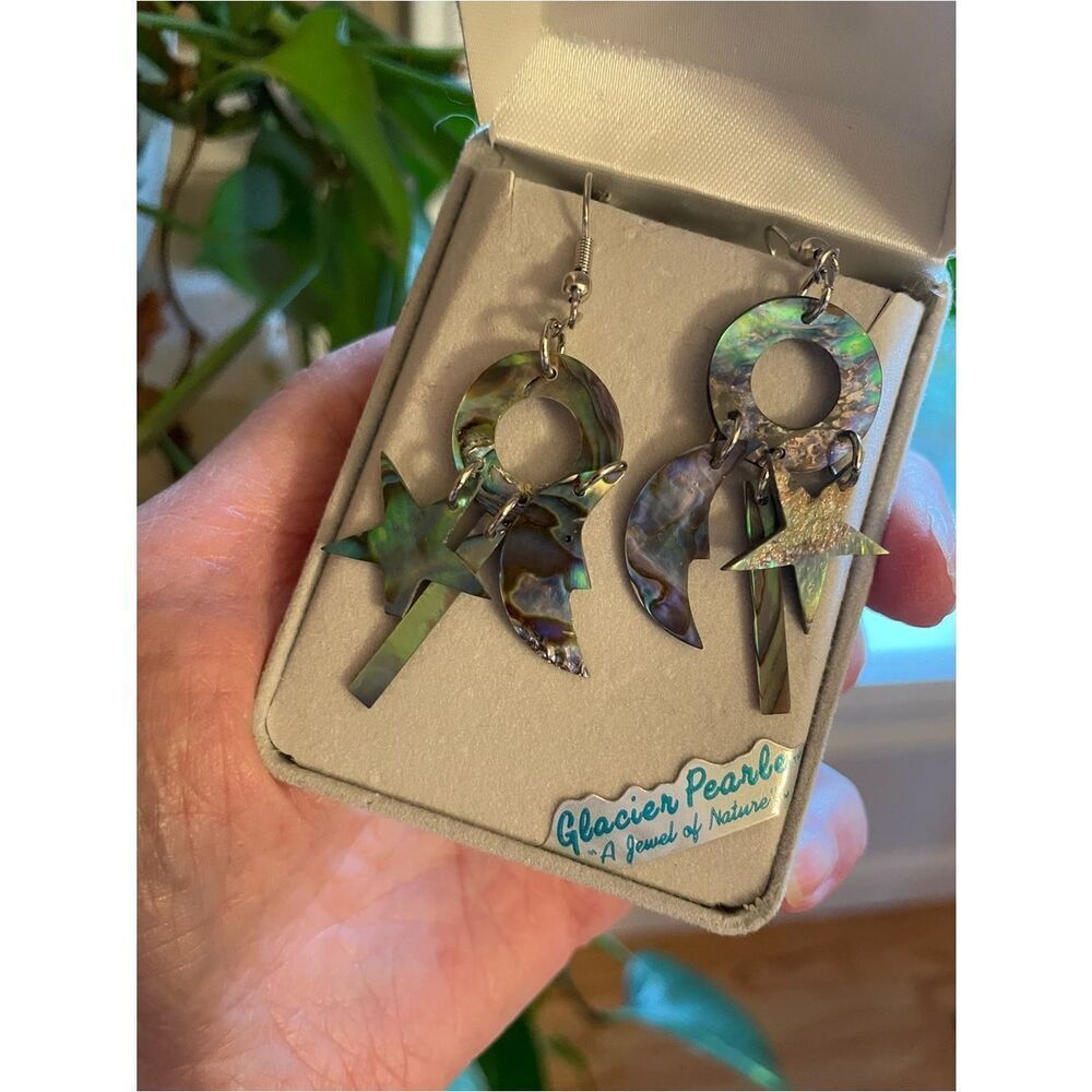 Abalone Glacier Pearls Shell Celestial Moon & Star Dangle Earrings - Picture 9 of 13